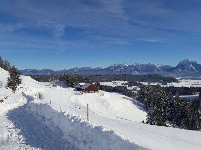 Schneebedeckter Weg mit Alpe Beichelstein